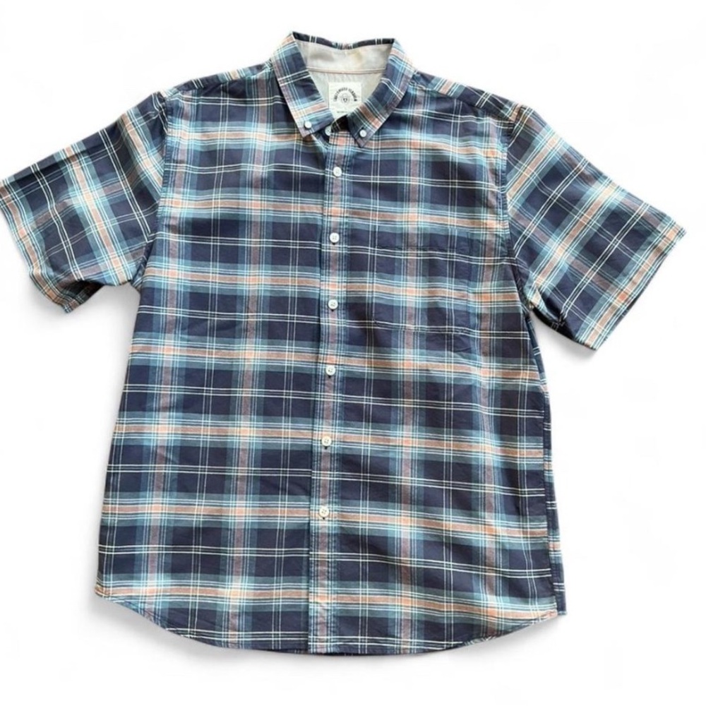 Retro Skater Orange and Blue Plaid Short Sleeve Button Down Dadcore Grunge Shirt